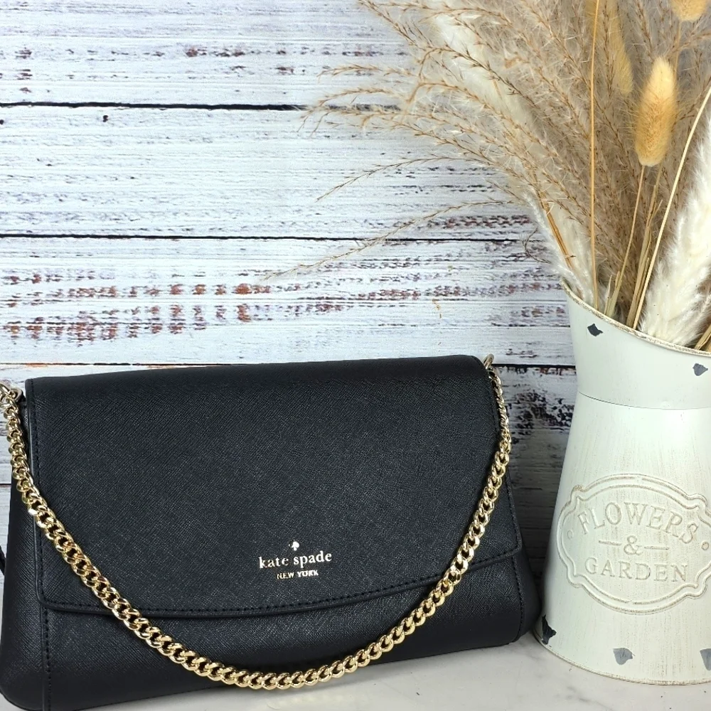 KATE SPADE BLACK CLUTCH CROSSBODY SHOULDER‎ BAG CARSON CONVERTIBLE GOLD CHAIN